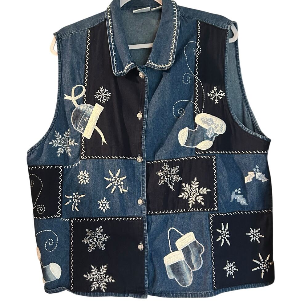 Christmas Denim Vest SZ 20 Applique Patchwork Beaded Snow Boho Carolina Blues
